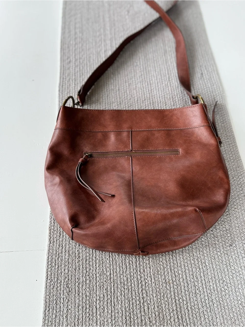 Vintage Cognac Brown Braided Vegan Leather Brass Rings Satchel Hobo Bag Purse
